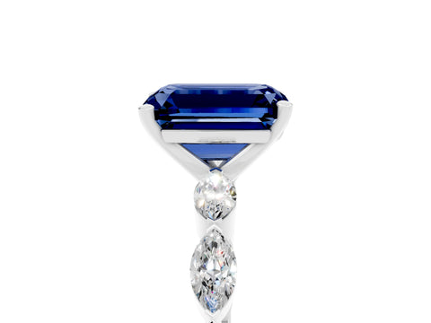 White gold Emerald Cut Blue Sapphire Ring with Marquise Side Stones and Prong Setting_5