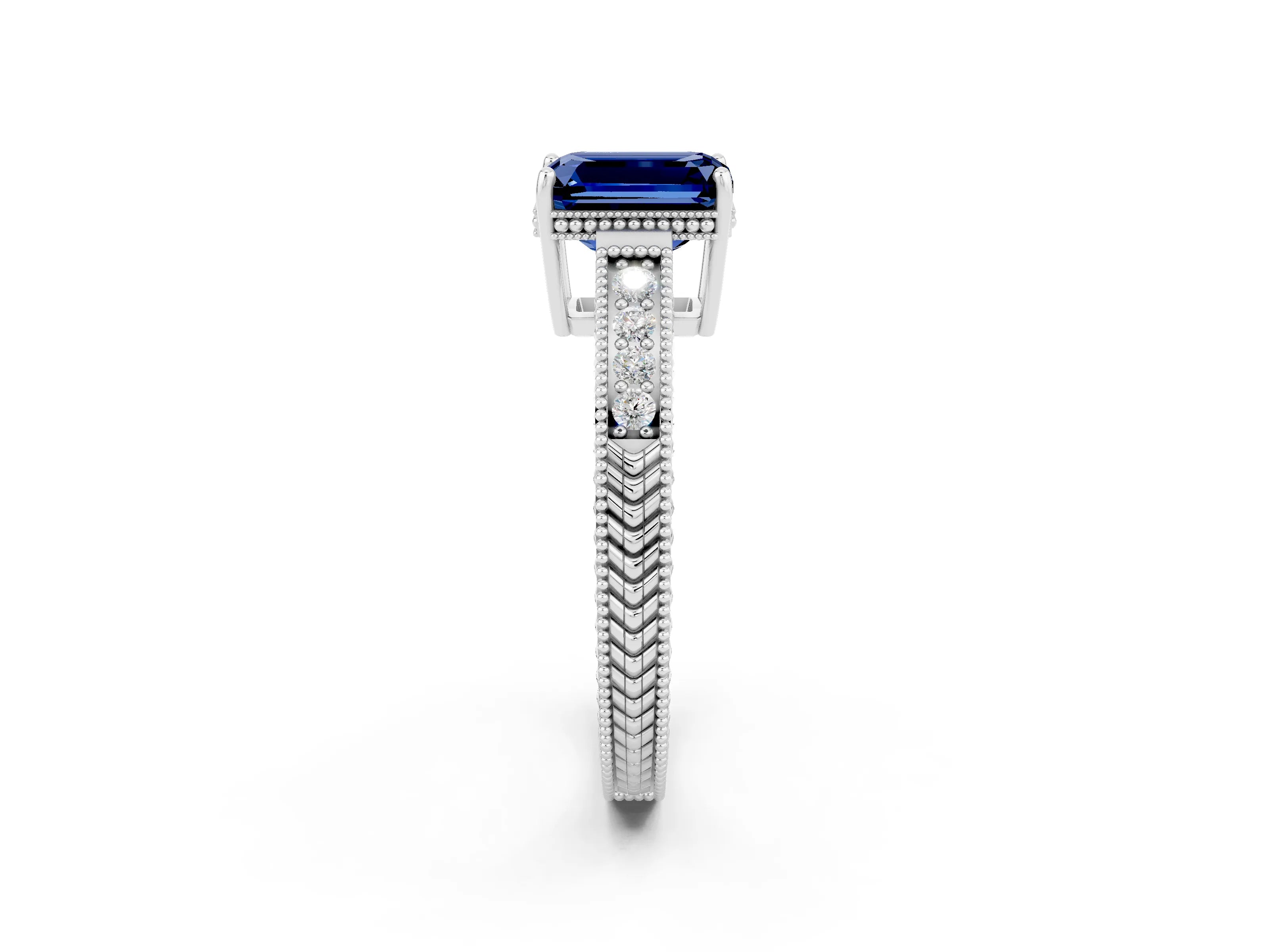 White gold Emerald Cut Blue Sapphire Ring with Milgrain Pavé Band and Four-Prong Setting_14