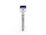 White gold Emerald Cut Blue Sapphire Ring with Milgrain Pavé Band and Four-Prong Setting_14
