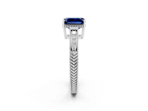 White gold Emerald Cut Blue Sapphire Ring with Milgrain Pavé Band and Four-Prong Setting_14