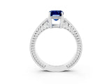 White gold Emerald Cut Blue Sapphire Ring with Milgrain Pavé Band and Four-Prong Setting_15