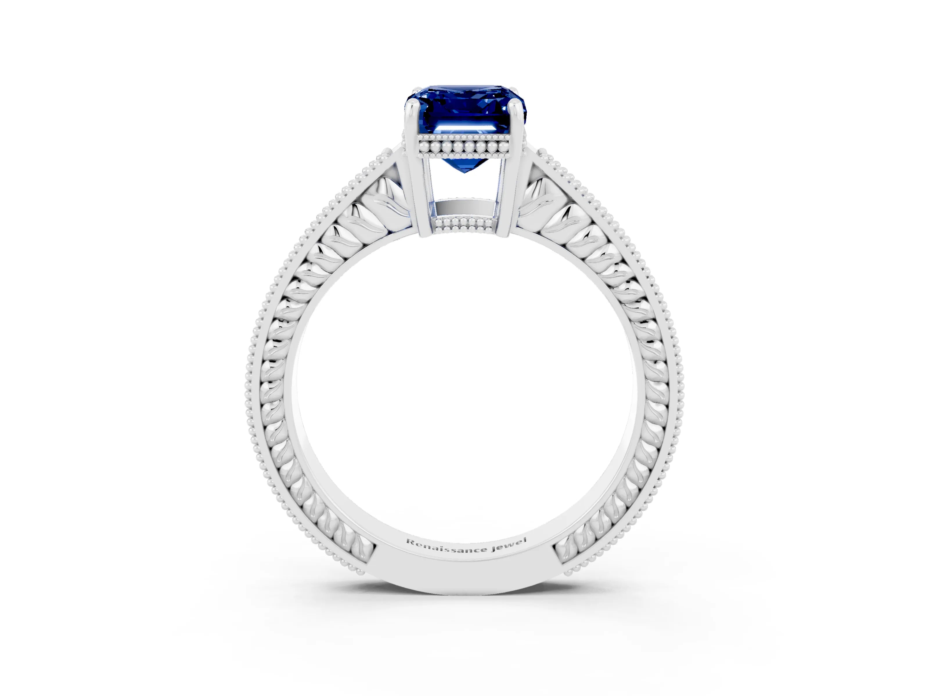 White gold Emerald Cut Blue Sapphire Ring with Milgrain Pavé Band and Four-Prong Setting_15