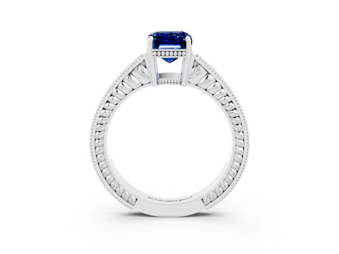 White gold Emerald Cut Blue Sapphire Ring with Milgrain Pavé Band and Four-Prong Setting_15