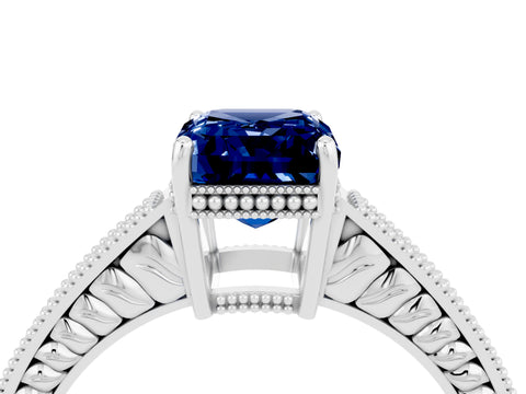 White gold Emerald Cut Blue Sapphire Ring with Milgrain Pavé Band and Four-Prong Setting_16