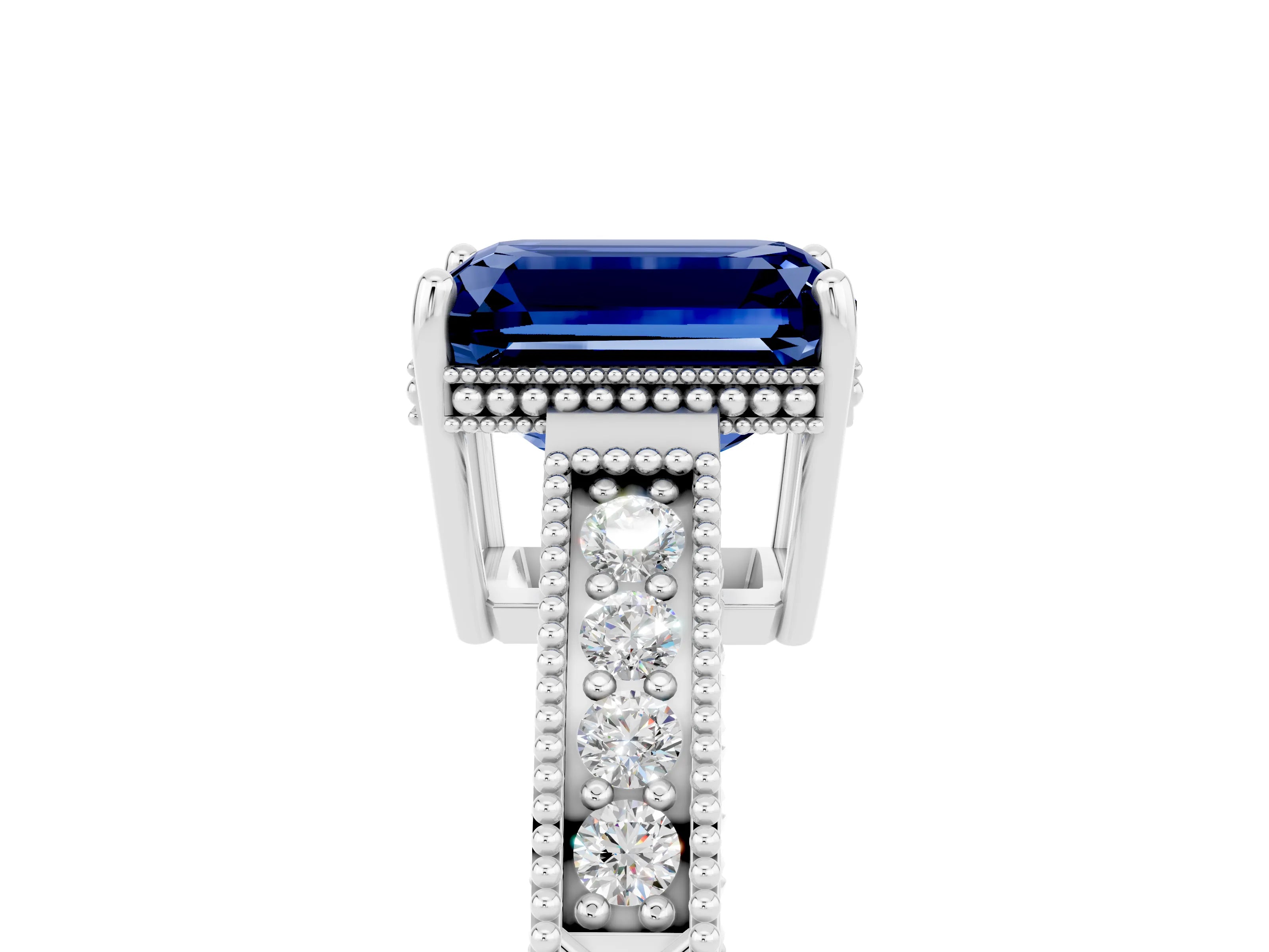 White gold Emerald Cut Blue Sapphire Ring with Milgrain Pavé Band and Four-Prong Setting_17