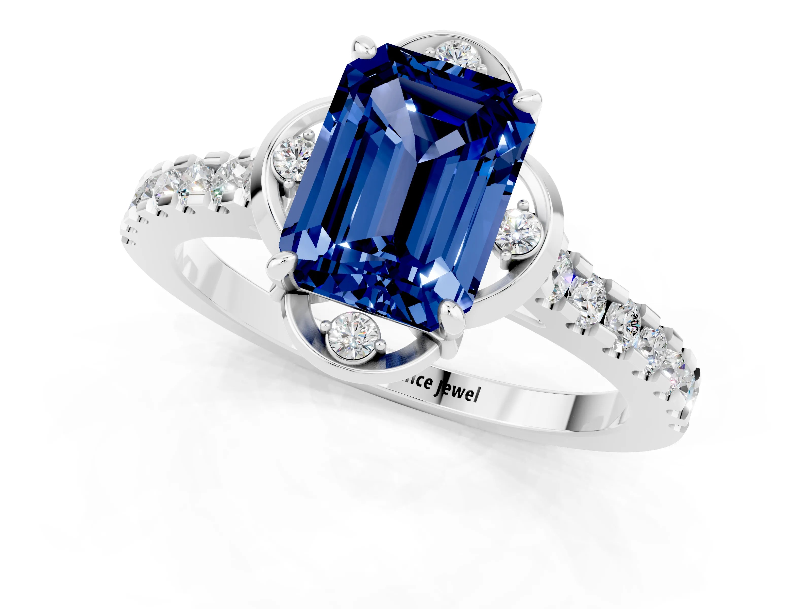 White gold Emerald Cut Blue Sapphire Ring with Pavé Band and Floral Prong Setting_1