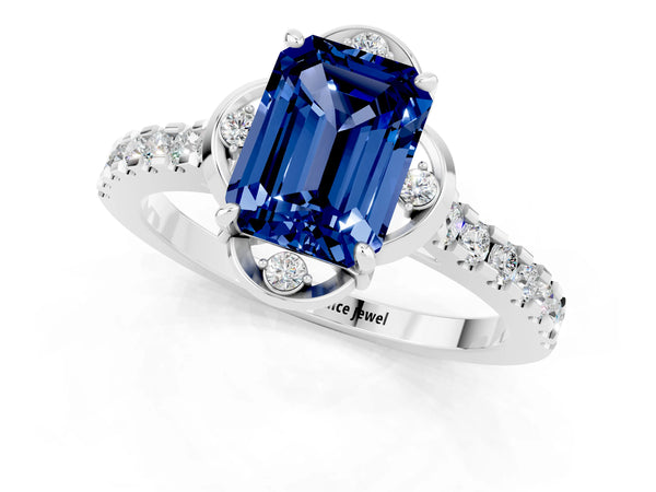 White gold Emerald Cut Blue Sapphire Ring with Pavé Band and Floral Prong Setting