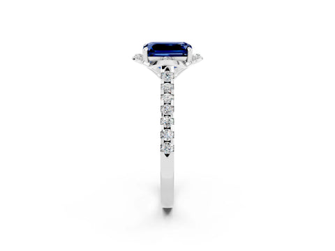 White gold Emerald Cut Blue Sapphire Ring with Pavé Band and Floral Prong Setting_2