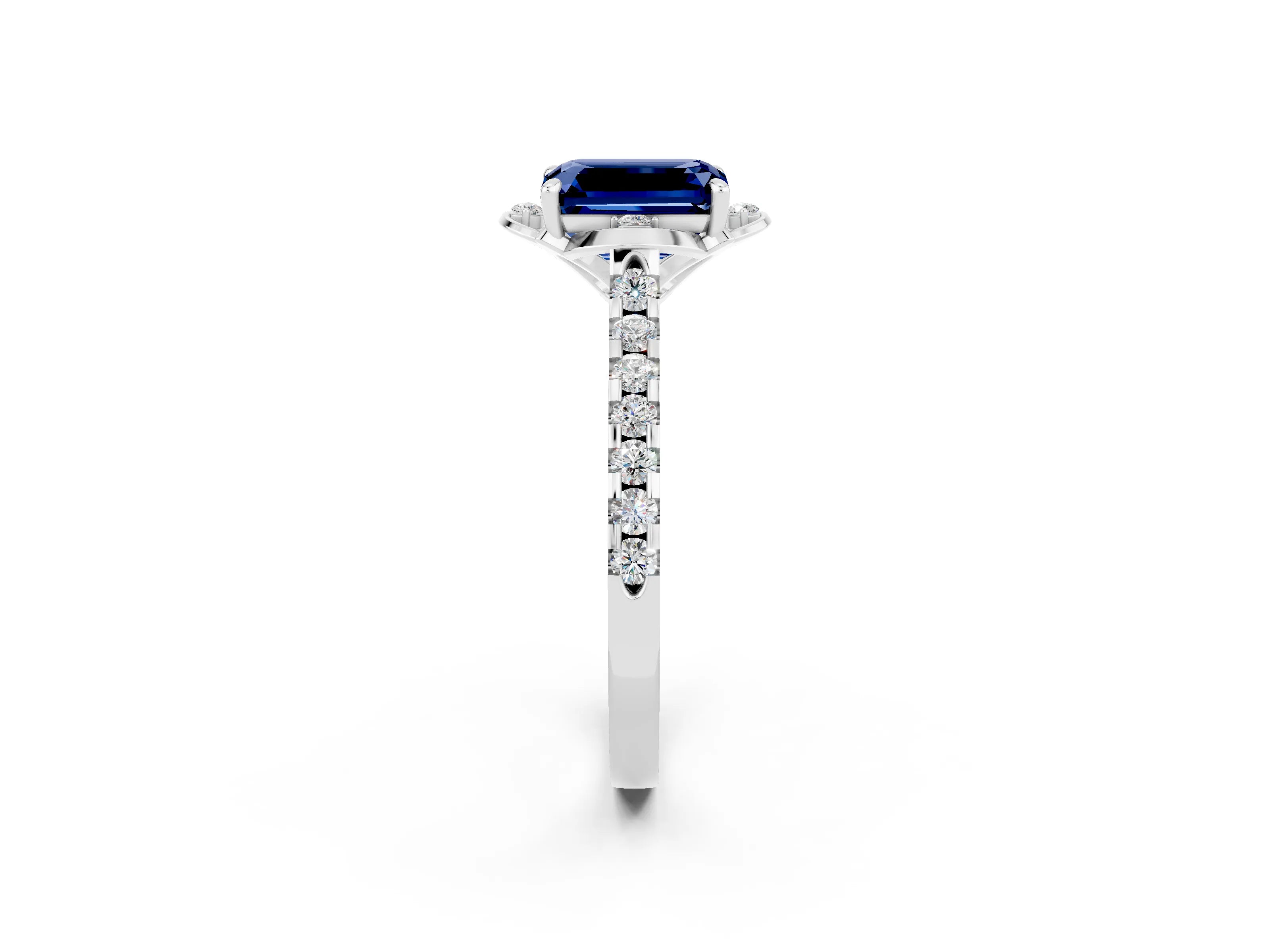 White gold Emerald Cut Blue Sapphire Ring with Pavé Band and Floral Prong Setting_2