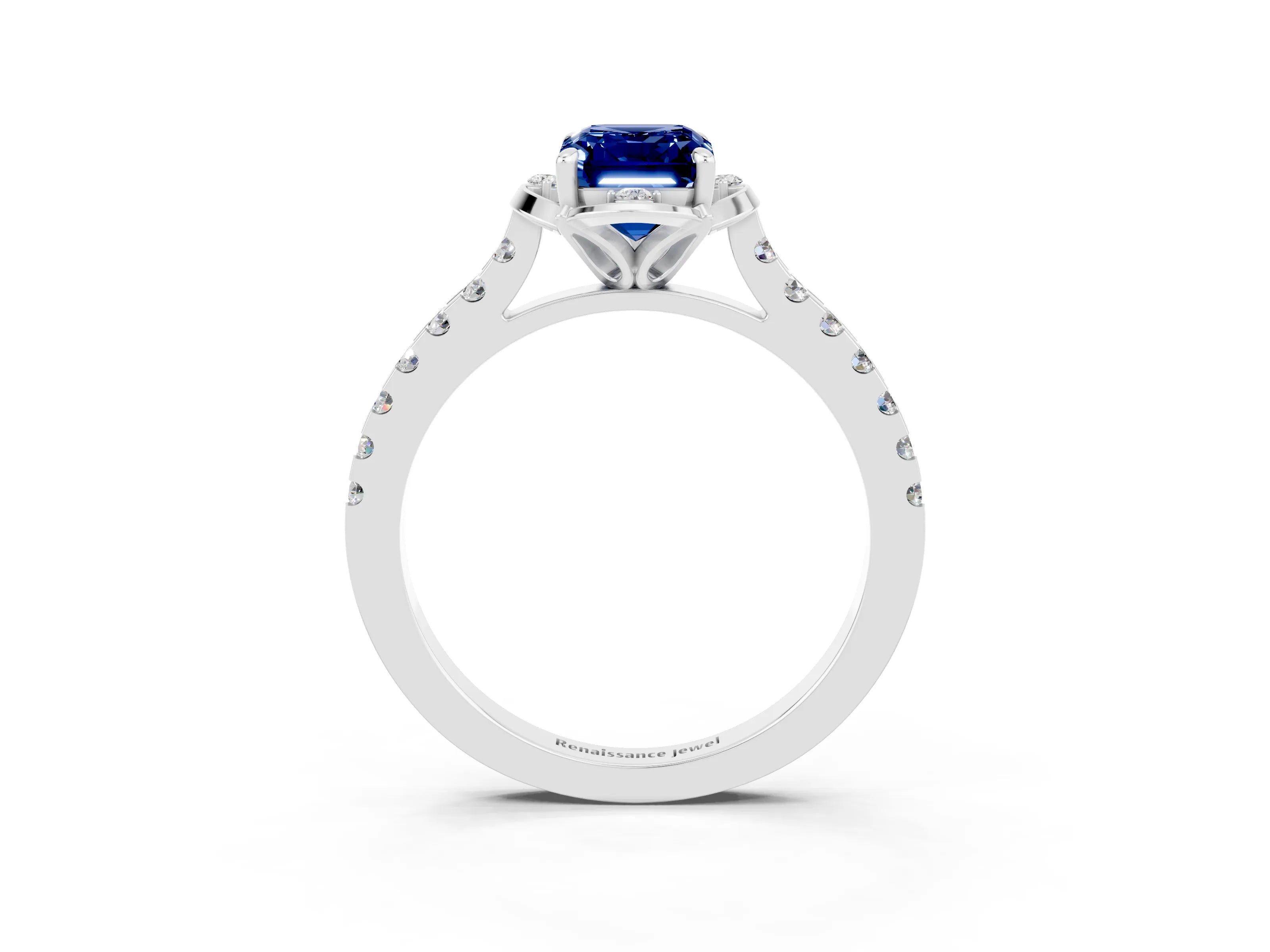 White gold Emerald Cut Blue Sapphire Ring with Pavé Band and Floral Prong Setting_3