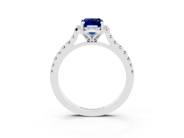 Platinum Emerald Cut Blue Sapphire Ring with Pavé Band and Floral Prong Setting