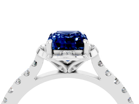 White gold Emerald Cut Blue Sapphire Ring with Pavé Band and Floral Prong Setting_4