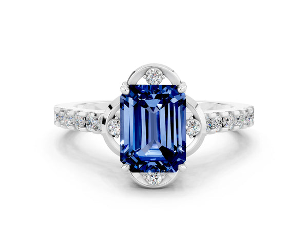 White gold Emerald Cut Blue Sapphire Ring with Pavé Band and Floral Prong Setting