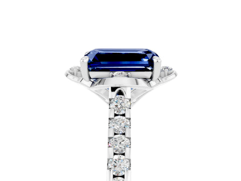 White gold Emerald Cut Blue Sapphire Ring with Pavé Band and Floral Prong Setting_5