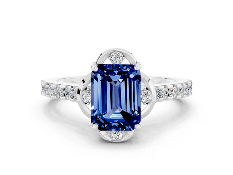 White gold Emerald Cut Blue Sapphire Ring with Pavé Band and Floral Prong Setting