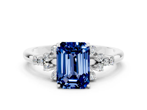 White gold Emerald Cut Blue Sapphire Ring with Side Stones and Four-Prong Setting_36