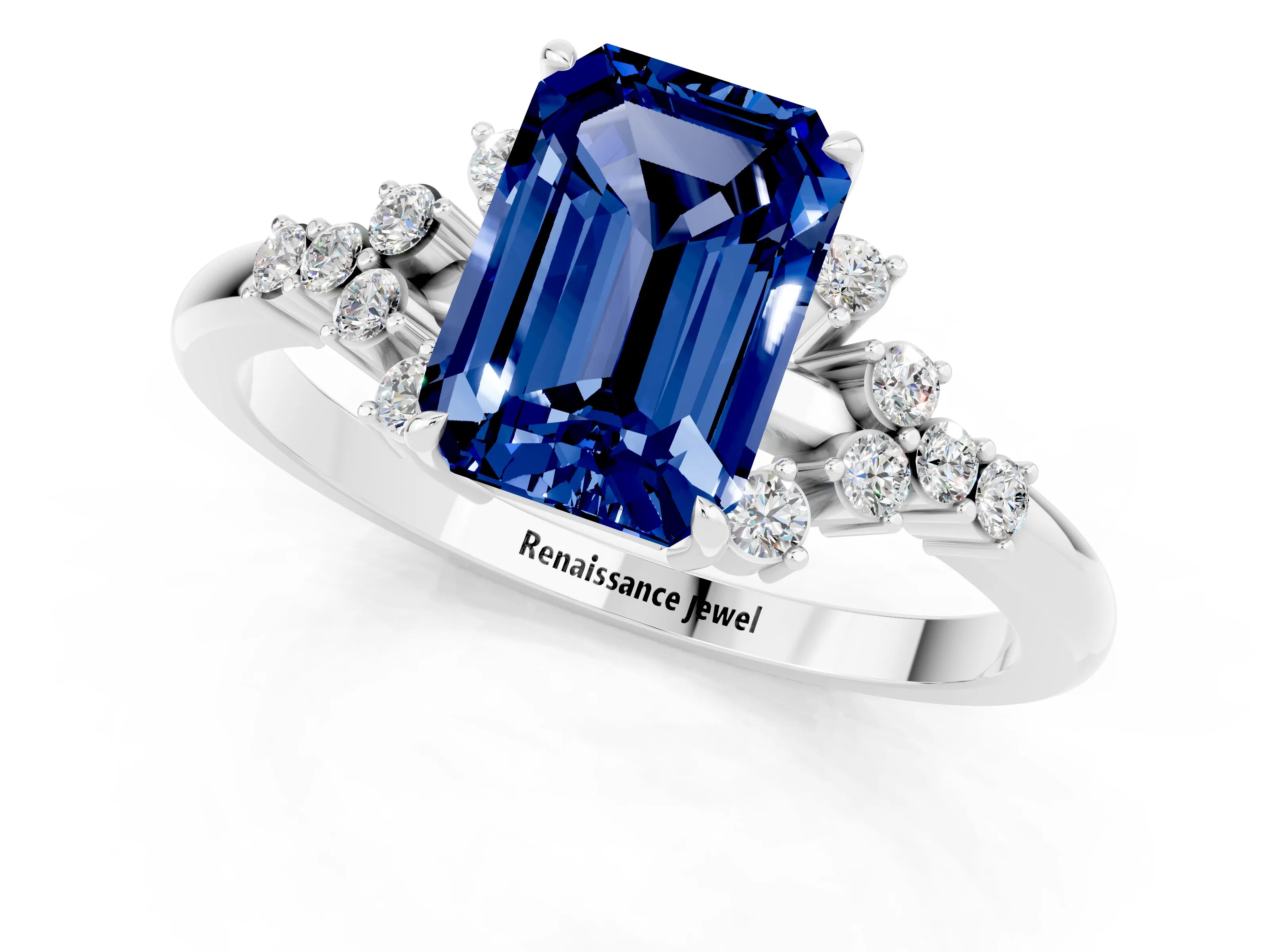 White gold Emerald Cut Blue Sapphire Ring with Side Stones and Four-Prong Setting_37