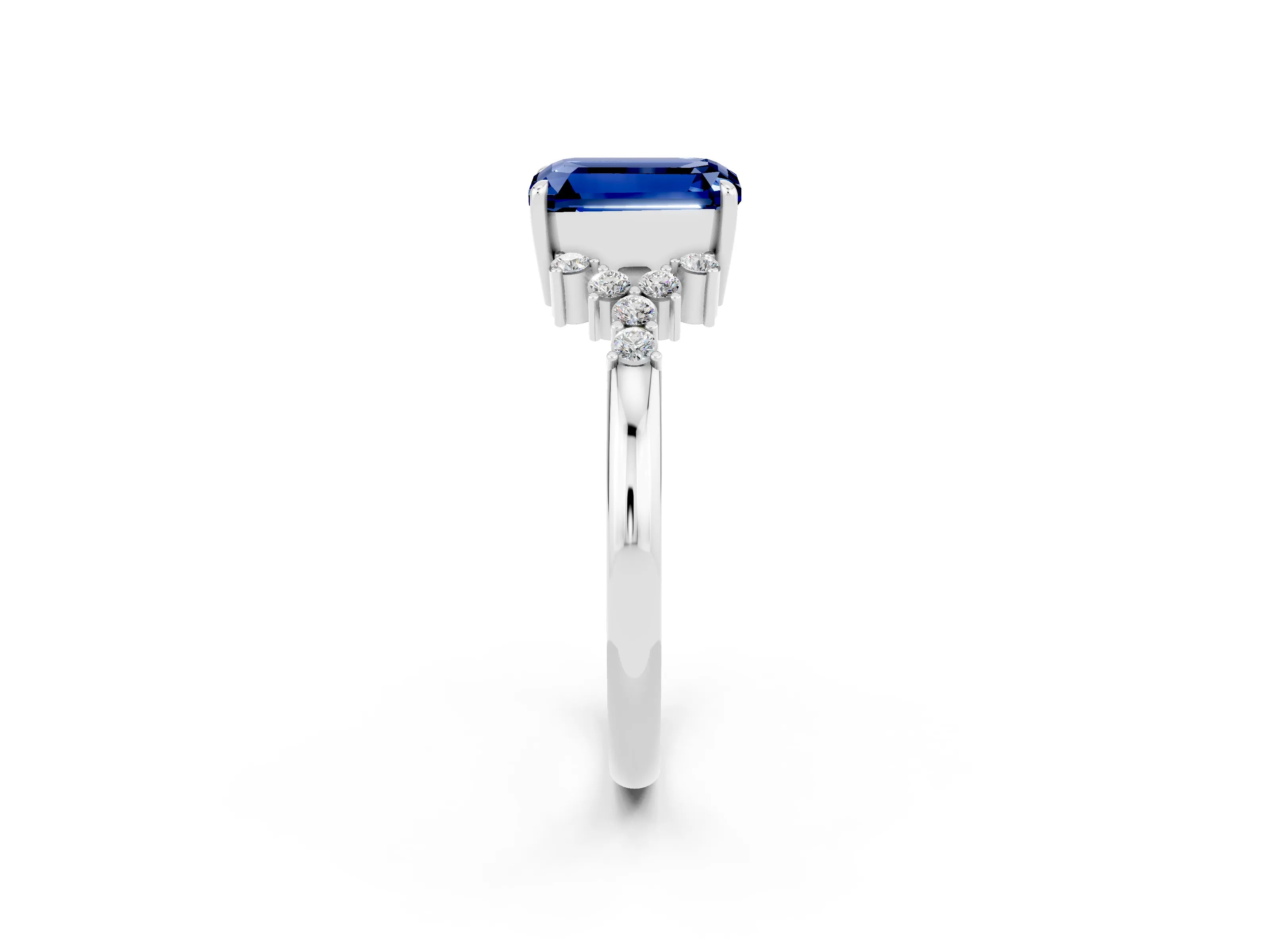 White gold Emerald Cut Blue Sapphire Ring with Side Stones and Four-Prong Setting_38