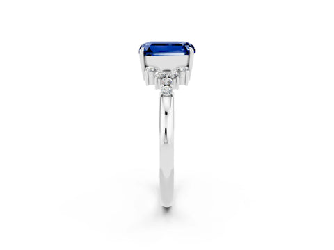 White gold Emerald Cut Blue Sapphire Ring with Side Stones and Four-Prong Setting_38