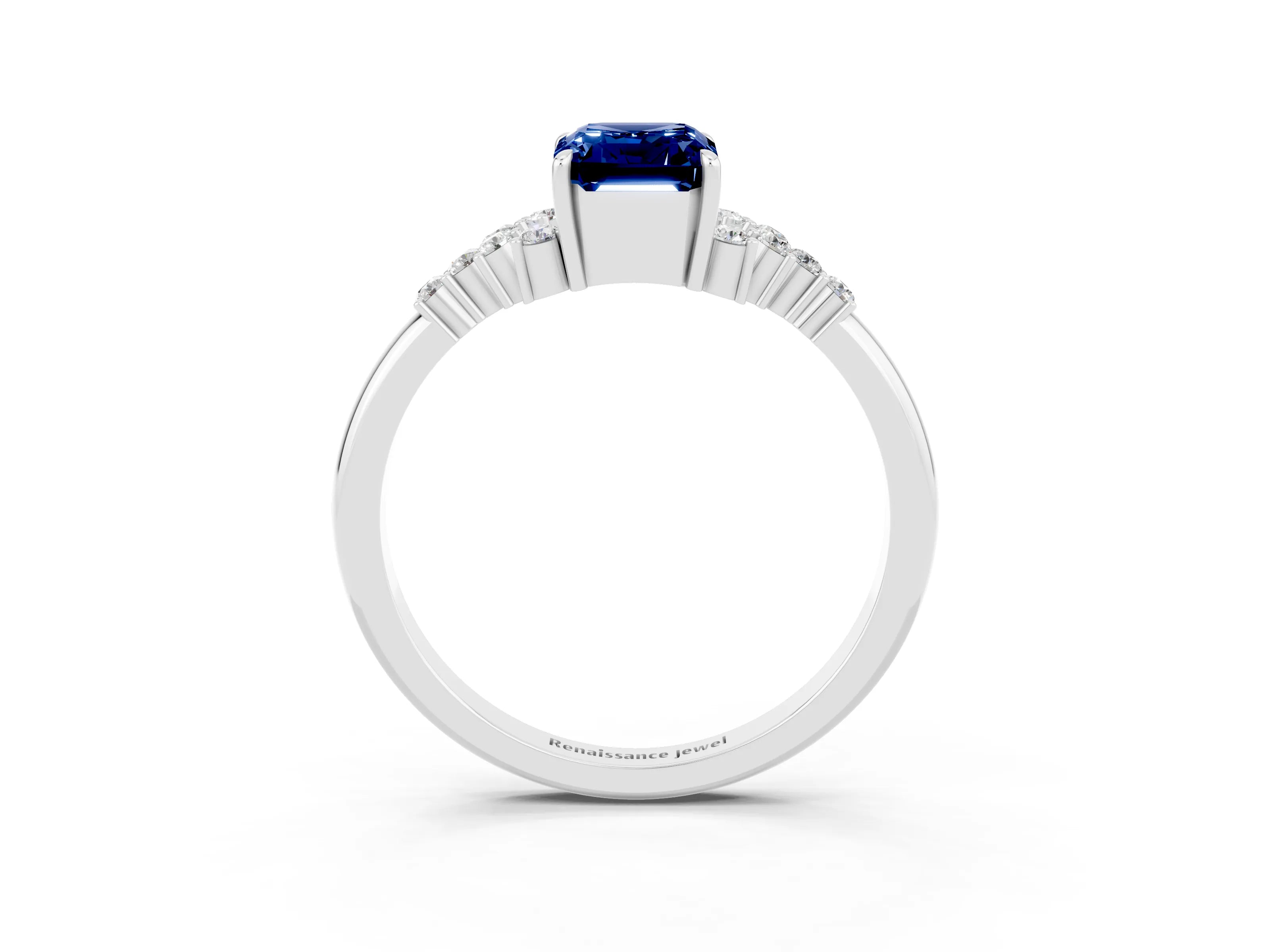 White gold Emerald Cut Blue Sapphire Ring with Side Stones and Four-Prong Setting_39