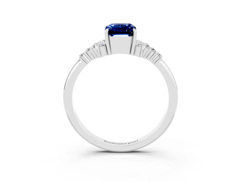 White gold Emerald Cut Blue Sapphire Ring with Side Stones and Four-Prong Setting_39
