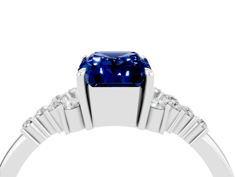 White gold Emerald Cut Blue Sapphire Ring with Side Stones and Four-Prong Setting_40