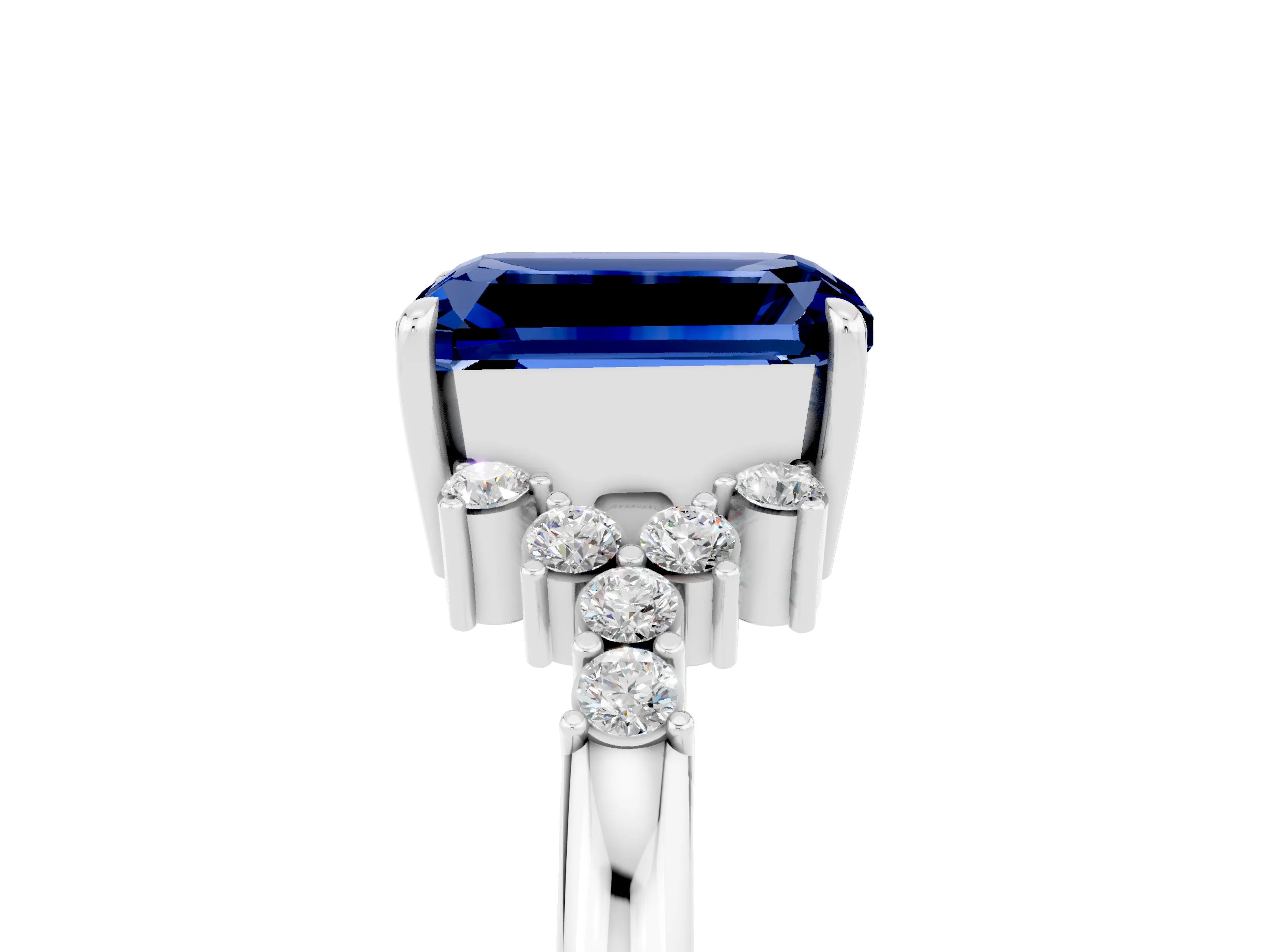 White gold Emerald Cut Blue Sapphire Ring with Side Stones and Four-Prong Setting_41
