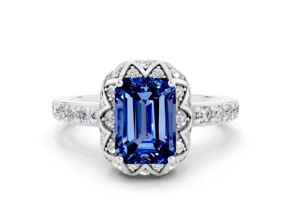 White gold Emerald Cut Blue Sapphire Scalloped Halo Engagement Ring with Round Shared Prong Band