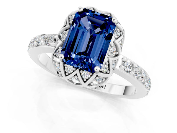 Platinum Emerald Cut Blue Sapphire Scalloped Halo Engagement Ring with Round Shared Prong Band