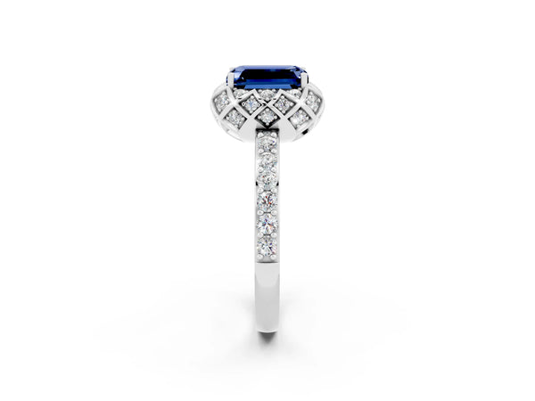 Platinum Emerald Cut Blue Sapphire Scalloped Halo Engagement Ring with Round Shared Prong Band