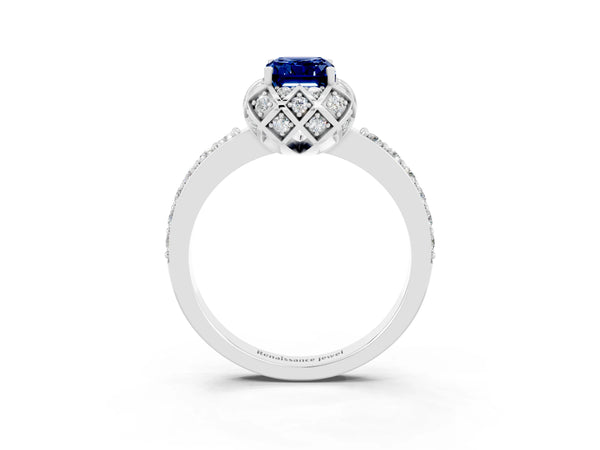 Platinum Emerald Cut Blue Sapphire Scalloped Halo Engagement Ring with Round Shared Prong Band
