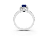 White gold Emerald Cut Blue Sapphire Scalloped Halo Engagement Ring with Round Shared Prong Band_27
