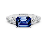 White gold Emerald Cut Blue Sapphire Scattered Round Accent Ring with Prong Setting_24