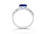 White gold Emerald Cut Blue Sapphire Scattered Round Accent Ring with Prong Setting_27