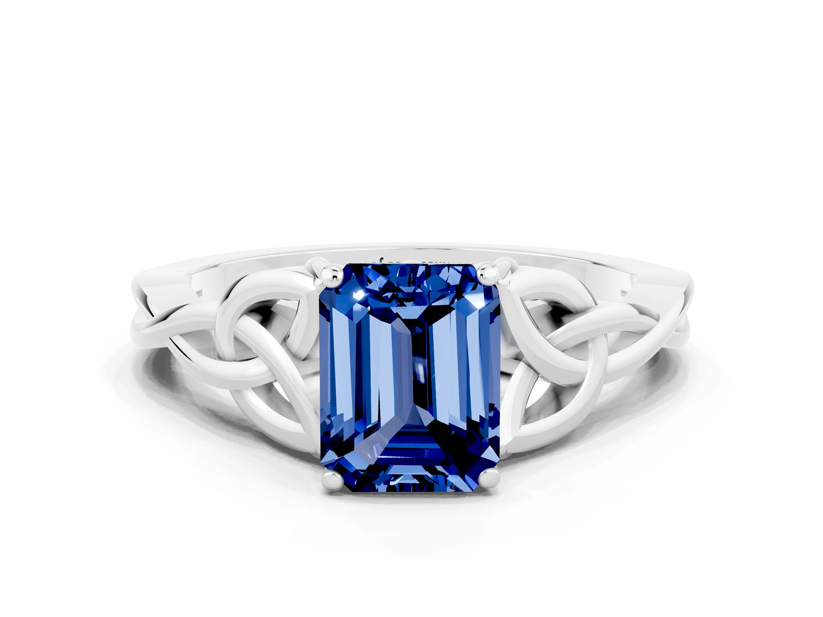 White gold Emerald Cut Blue Sapphire Solitaire Celtic Knot Ring with Four-Prong Setting_12