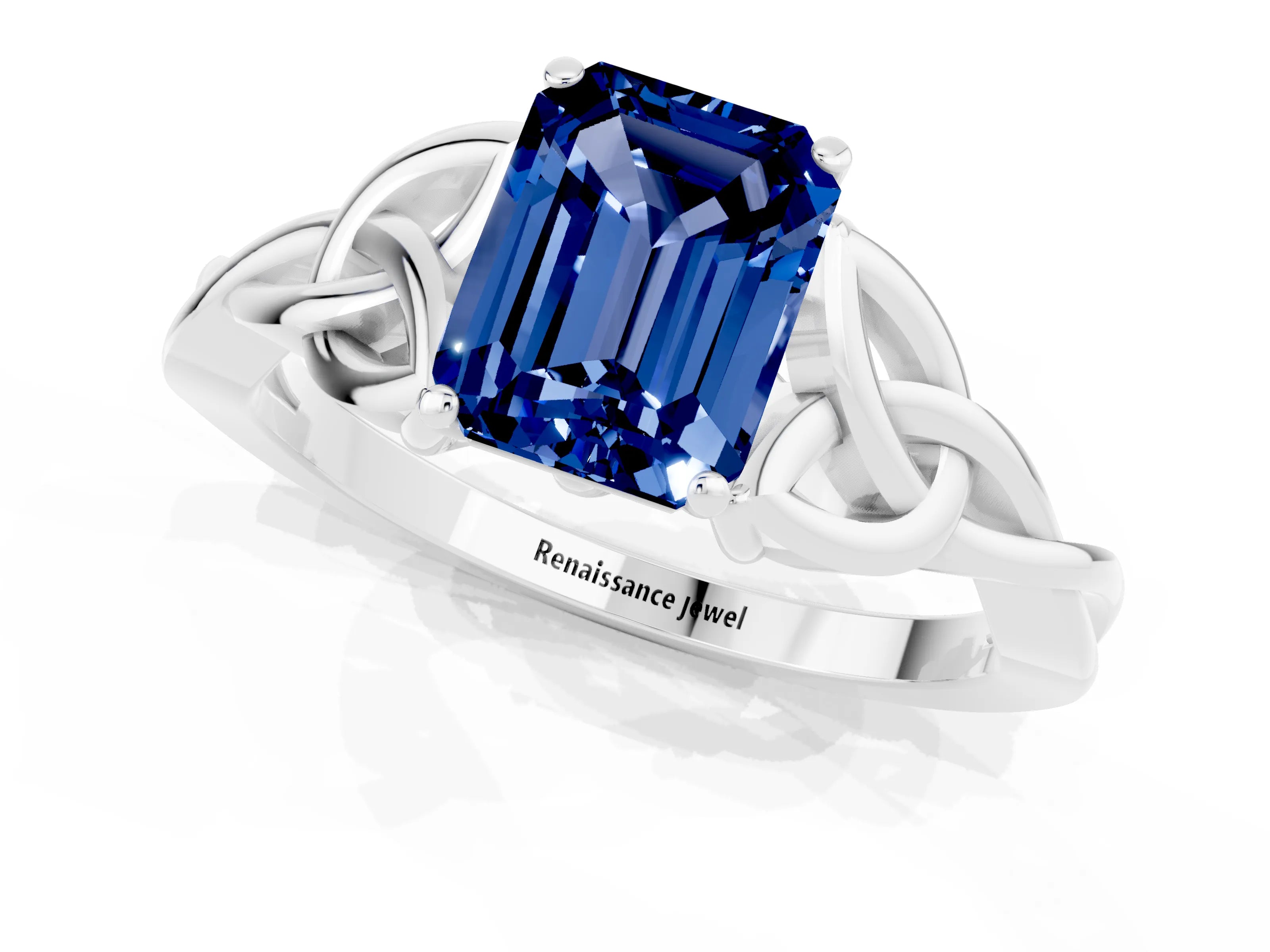 White gold Emerald Cut Blue Sapphire Solitaire Celtic Knot Ring with Four-Prong Setting_13