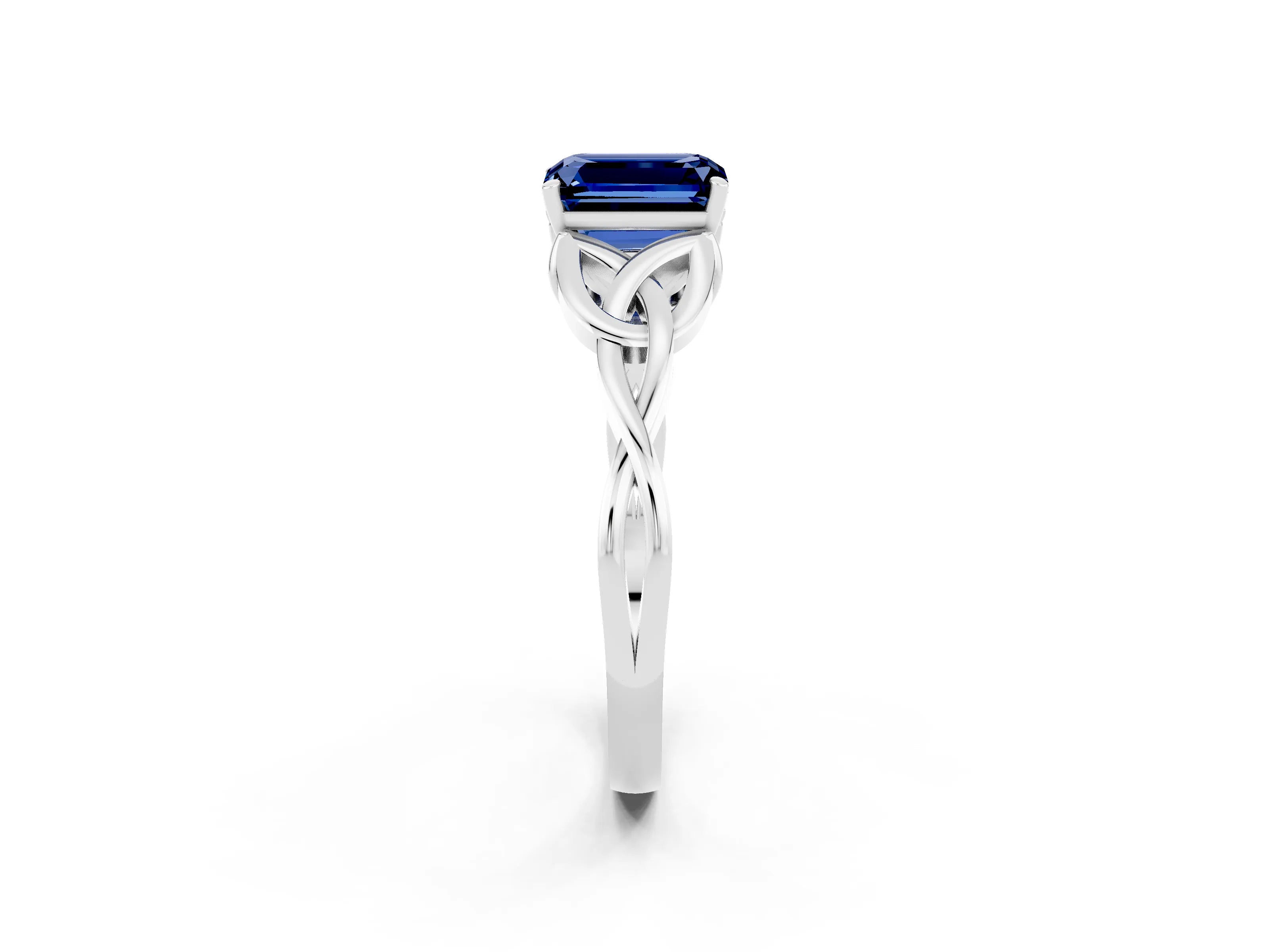 White gold Emerald Cut Blue Sapphire Solitaire Celtic Knot Ring with Four-Prong Setting_14