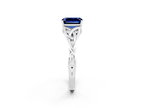 White gold Emerald Cut Blue Sapphire Solitaire Celtic Knot Ring with Four-Prong Setting_14