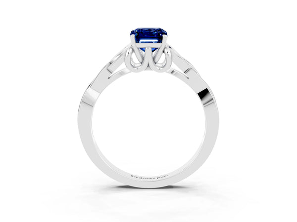 Platinum Emerald Cut Blue Sapphire Solitaire Celtic Knot Ring with Four-Prong Setting