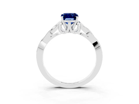 White gold Emerald Cut Blue Sapphire Solitaire Celtic Knot Ring with Four-Prong Setting_15