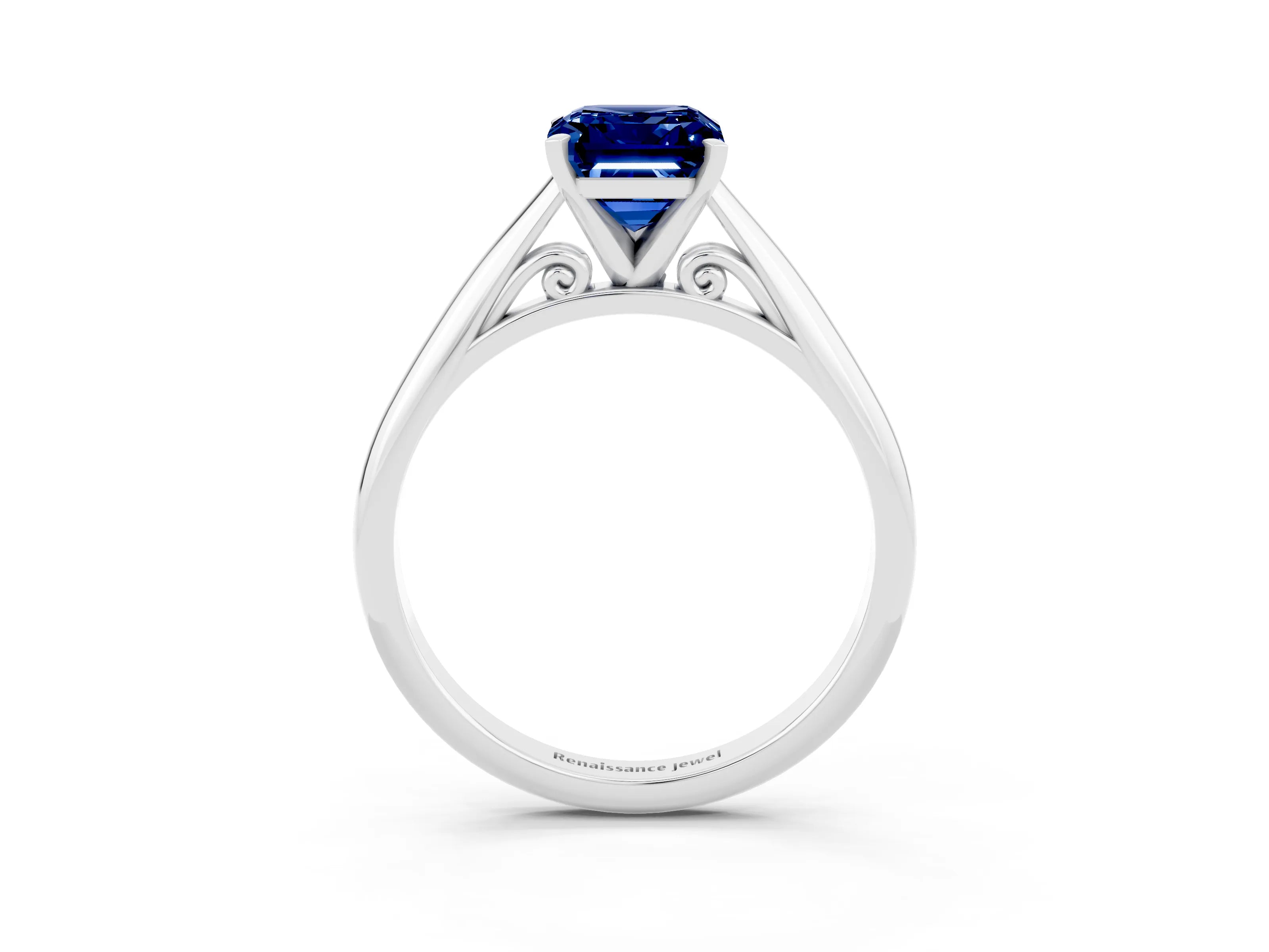 White gold Emerald Cut Blue Sapphire Solitaire Engagement Ring with Cathedral Setting and Four-Prong Mount_15