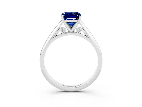 White gold Emerald Cut Blue Sapphire Solitaire Engagement Ring with Cathedral Setting and Four-Prong Mount_27