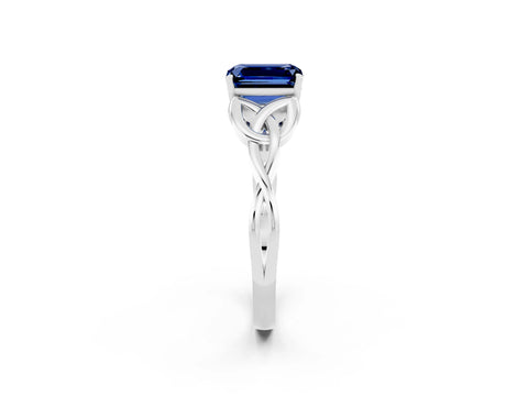 White gold Emerald Cut Blue Sapphire Solitaire Engagement Ring with Celtic Knot Band and Four-Prong Setting_2