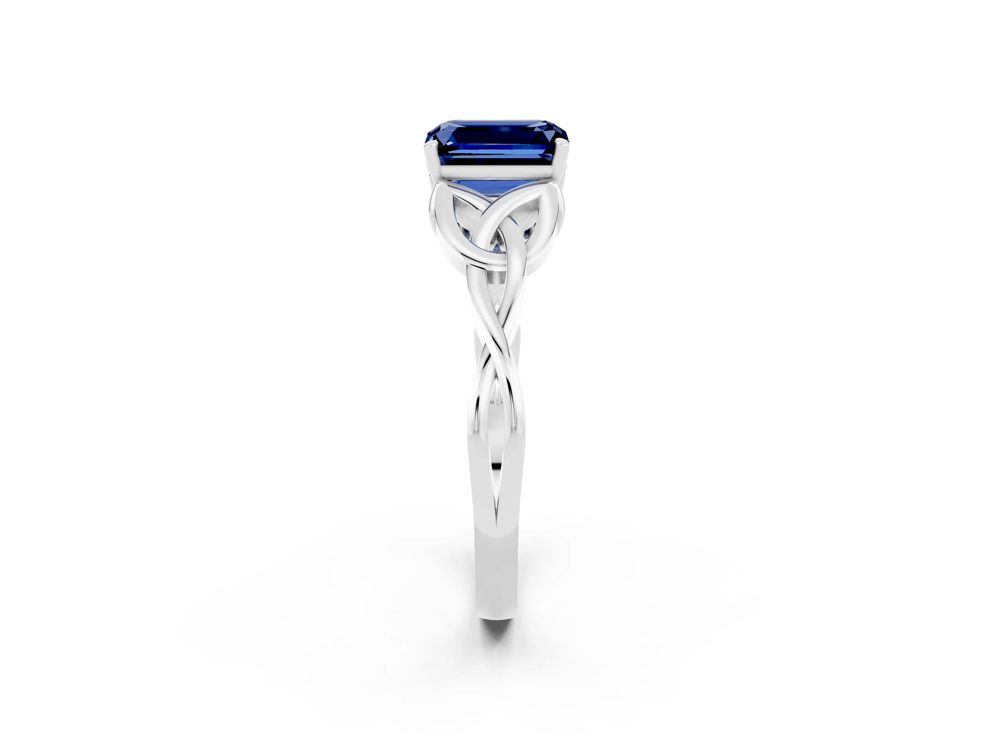 White gold Emerald Cut Blue Sapphire Solitaire Engagement Ring with Celtic Knot Band and Four-Prong Setting_2