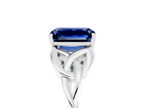 White gold Emerald Cut Blue Sapphire Solitaire Engagement Ring with Celtic Knot Band and Four-Prong Setting_5