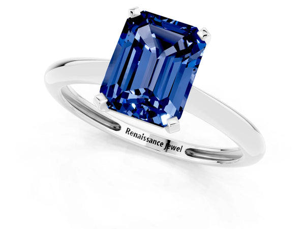 White gold Emerald Cut Blue Sapphire Solitaire Engagement Ring with Classic Band and Four-Prong Setting