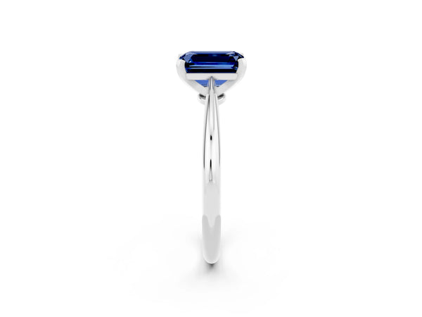 White gold Emerald Cut Blue Sapphire Solitaire Engagement Ring with Classic Band and Four-Prong Setting