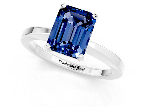 White gold Emerald Cut Blue Sapphire Solitaire Engagement Ring with Classic Band and Four-Prong Setting_25