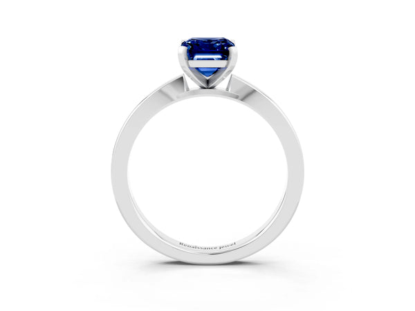 Platinum Emerald Cut Blue Sapphire Solitaire Engagement Ring with Classic Band and Four-Prong Setting