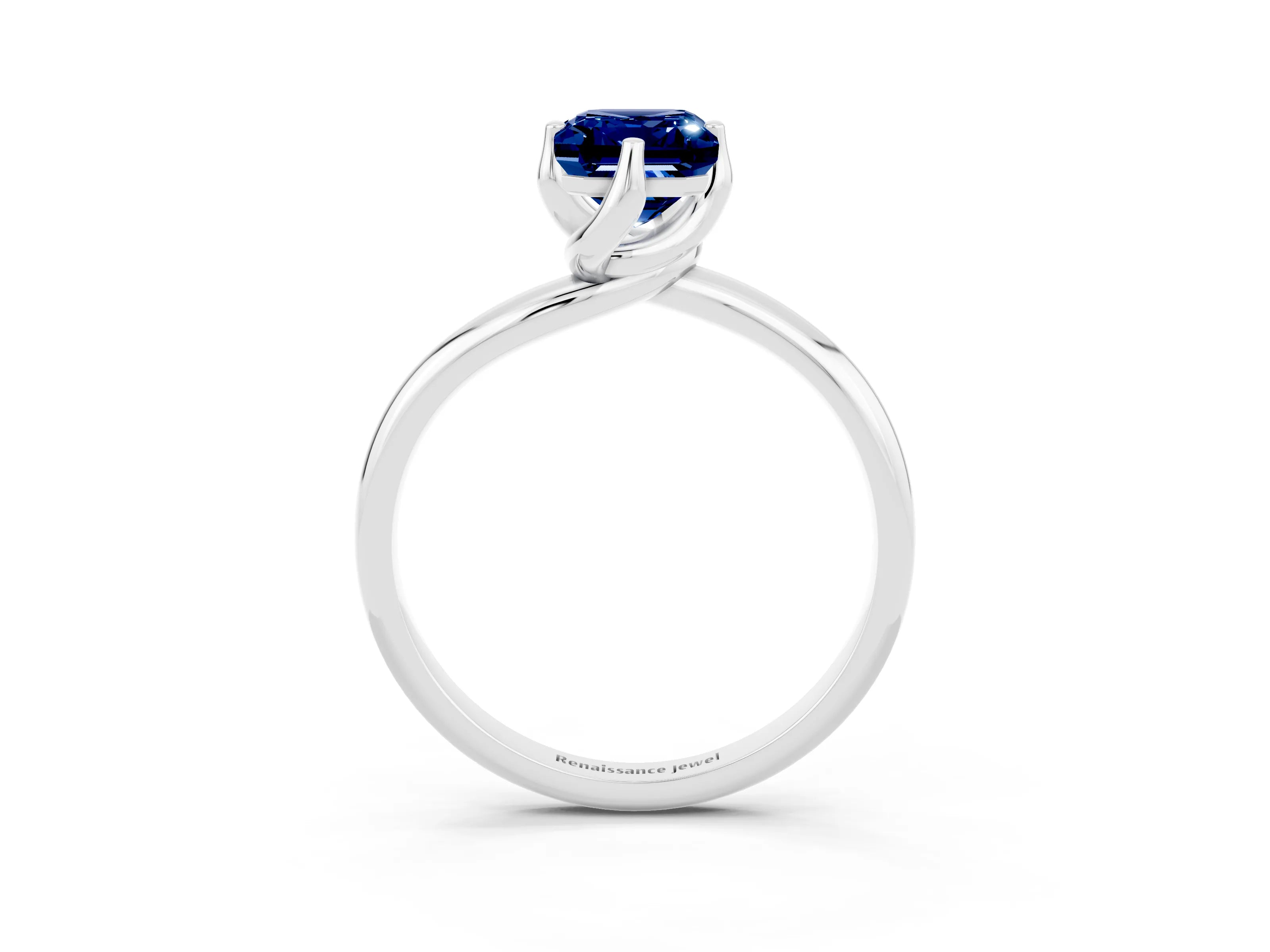 White gold Emerald Cut Blue Sapphire Solitaire Engagement Ring with Four-Prong Setting and Classic Band_15